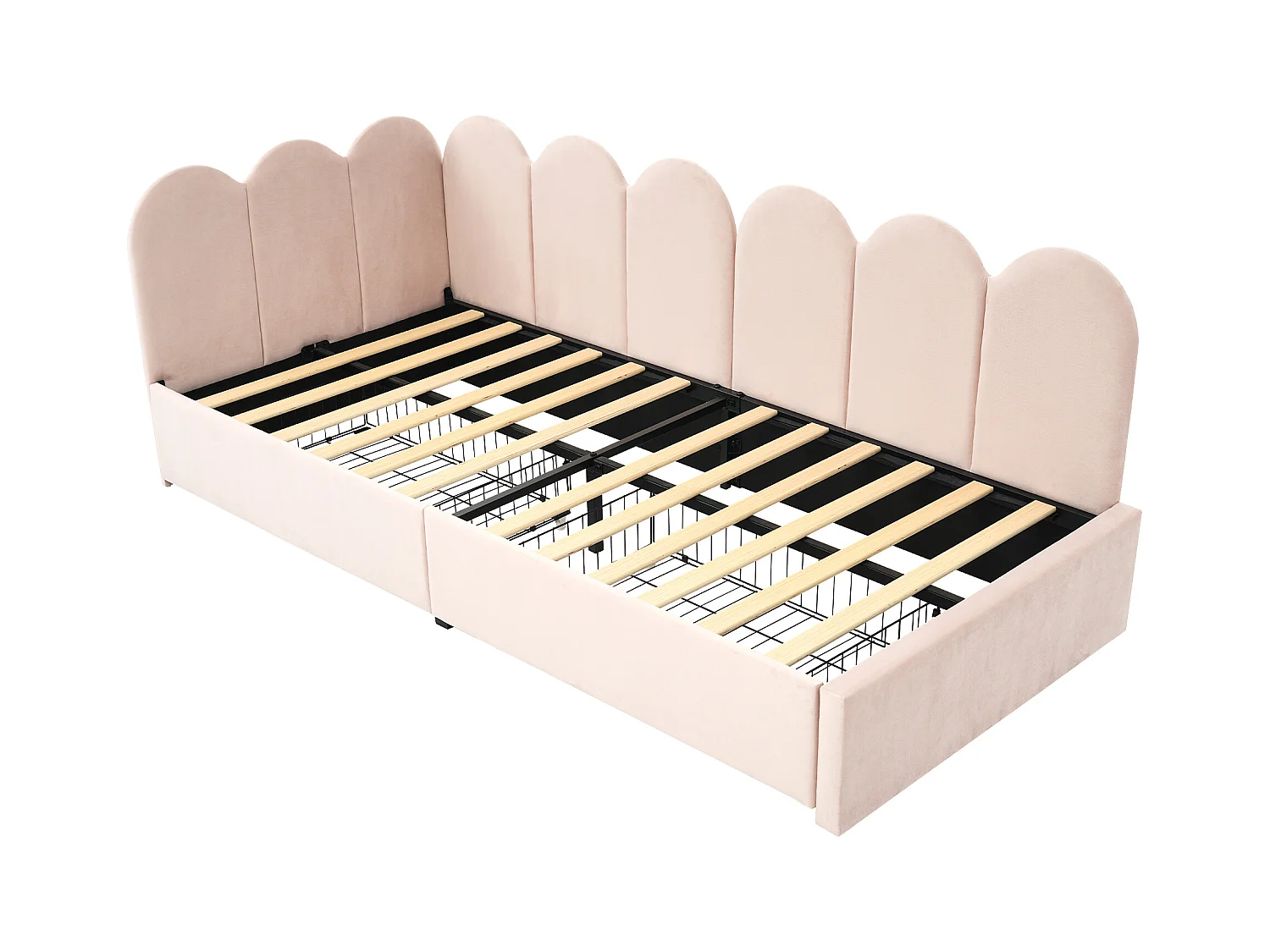 Cama tapizada 90x190 cm - sofá cama con 2 cajones y somier de láminas - terciopelo rosa - sin colchón