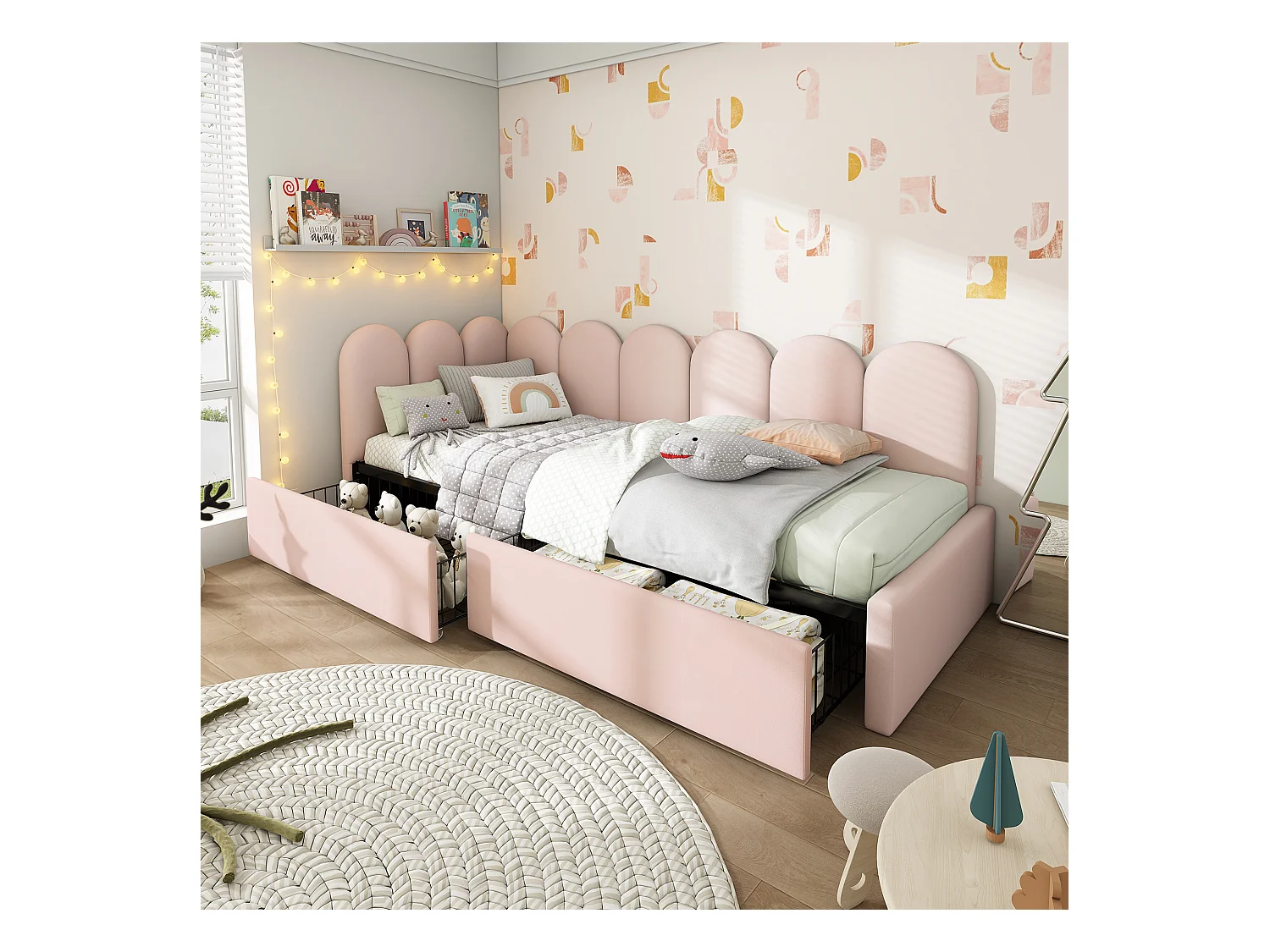 Lit enfant 90x190 cm - Lit simple avec 2 tiroirs et sommier à lattes - velours rose - sans matelas