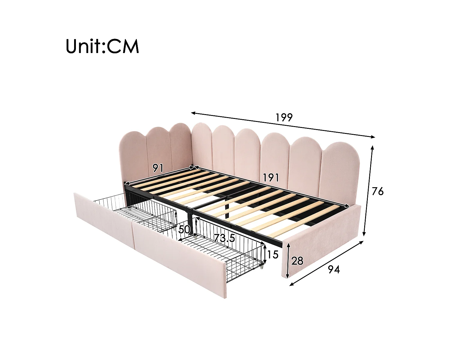 Lit enfant 90x190 cm - Lit simple avec 2 tiroirs et sommier à lattes - velours rose - sans matelas