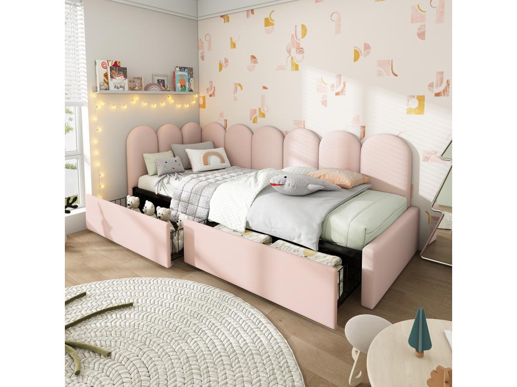 Letto imbottito 90x190 cm - divano letto con 2 cassetti e rete a doghe - velluto rosa - senza materasso
