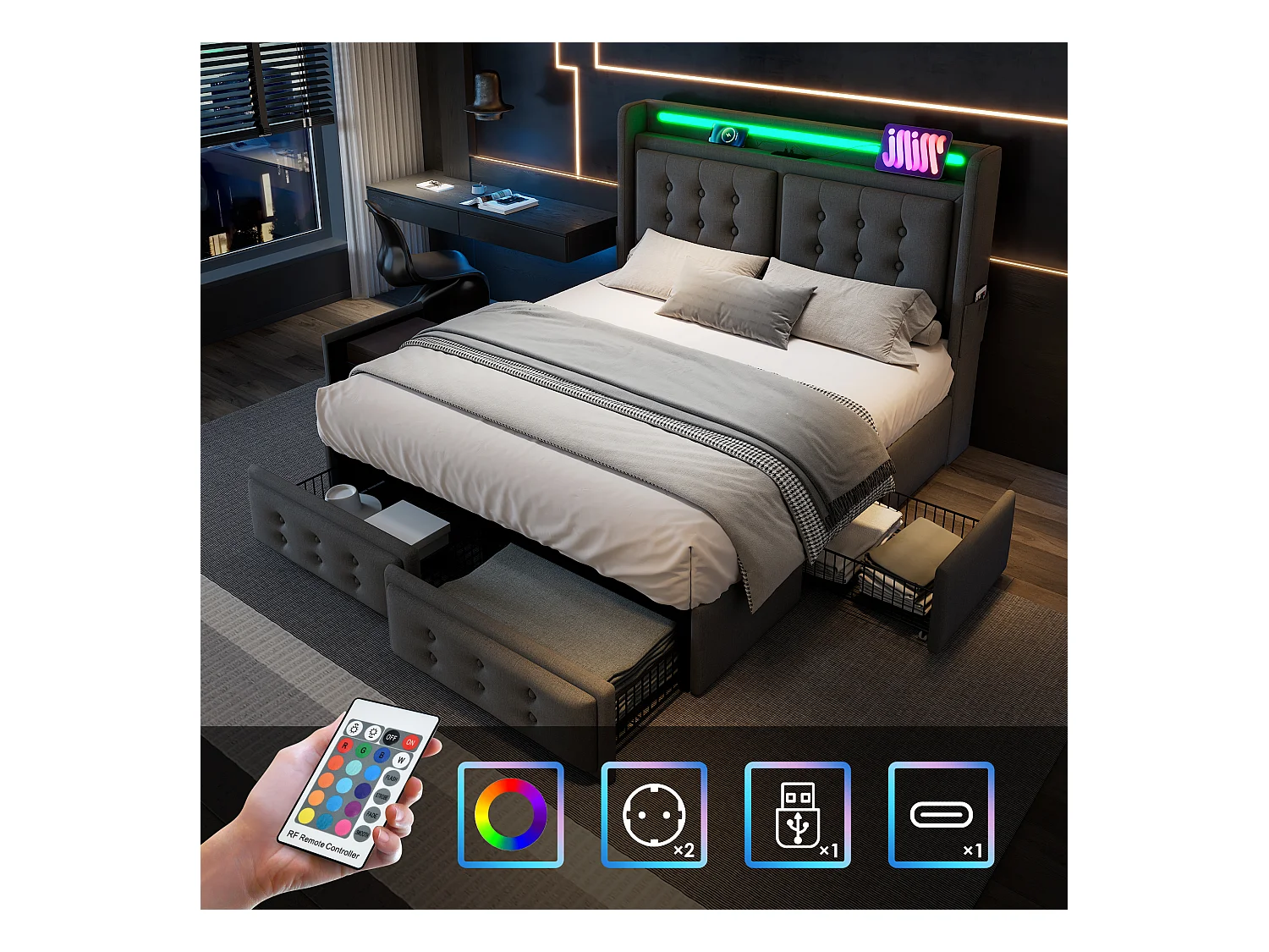 Lit 180x200cm gris avec 4 tiroirs, lit adulte double rembourré, LED + USB C, sans matelas, coton lin
