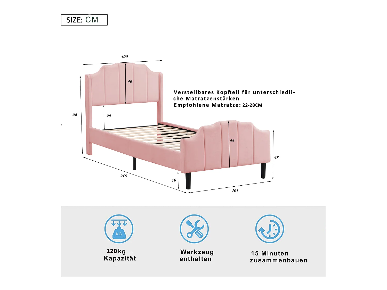 Lit enfant 90x200 cm rose en velours, Sommier à lattes, sans matelas
