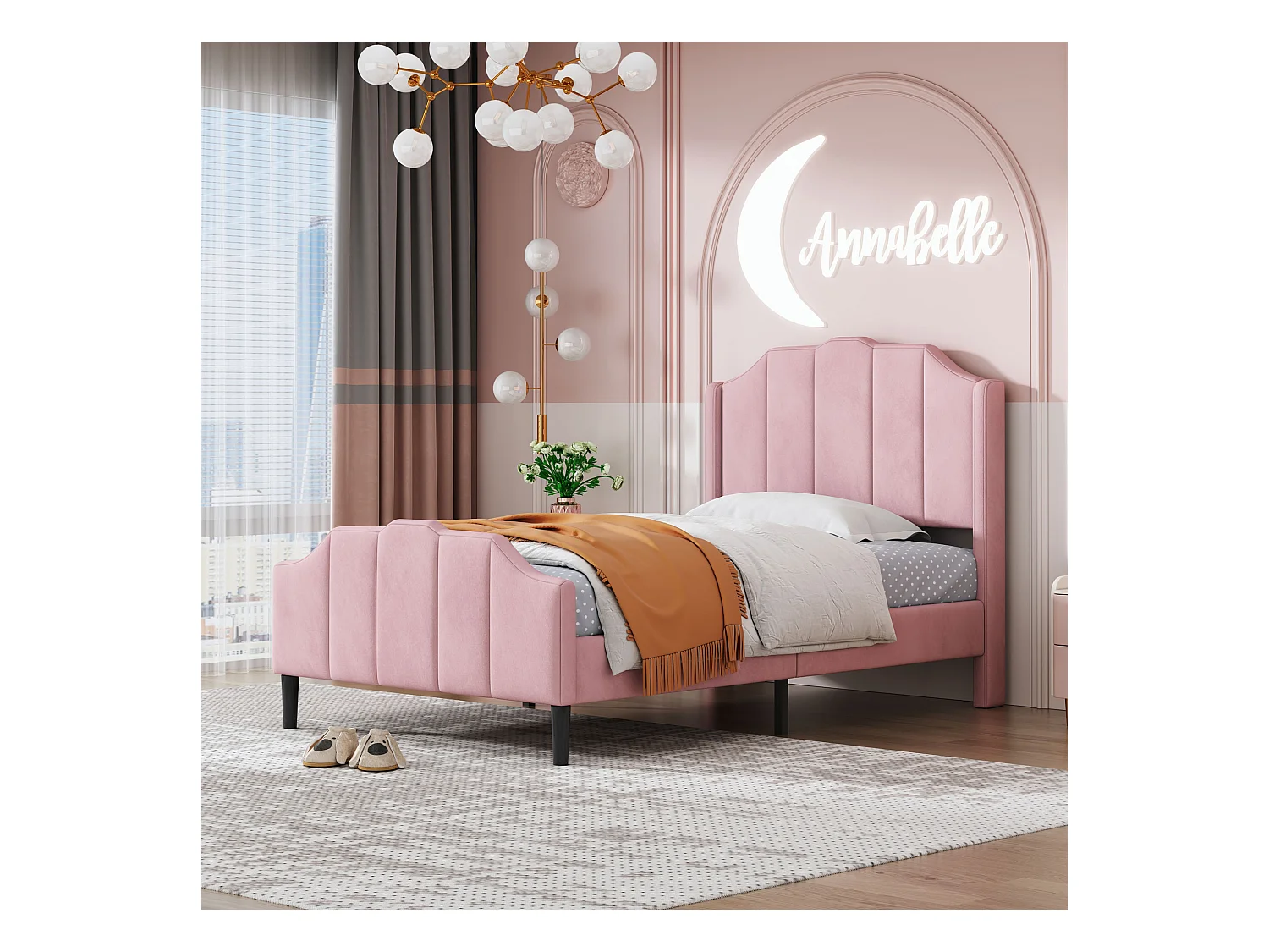 Lit enfant 90x200 cm rose en velours, Sommier à lattes, sans matelas