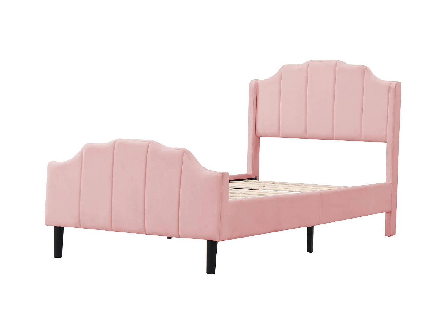 Lit enfant 90x200 cm rose en velours, Sommier à lattes, sans matelas