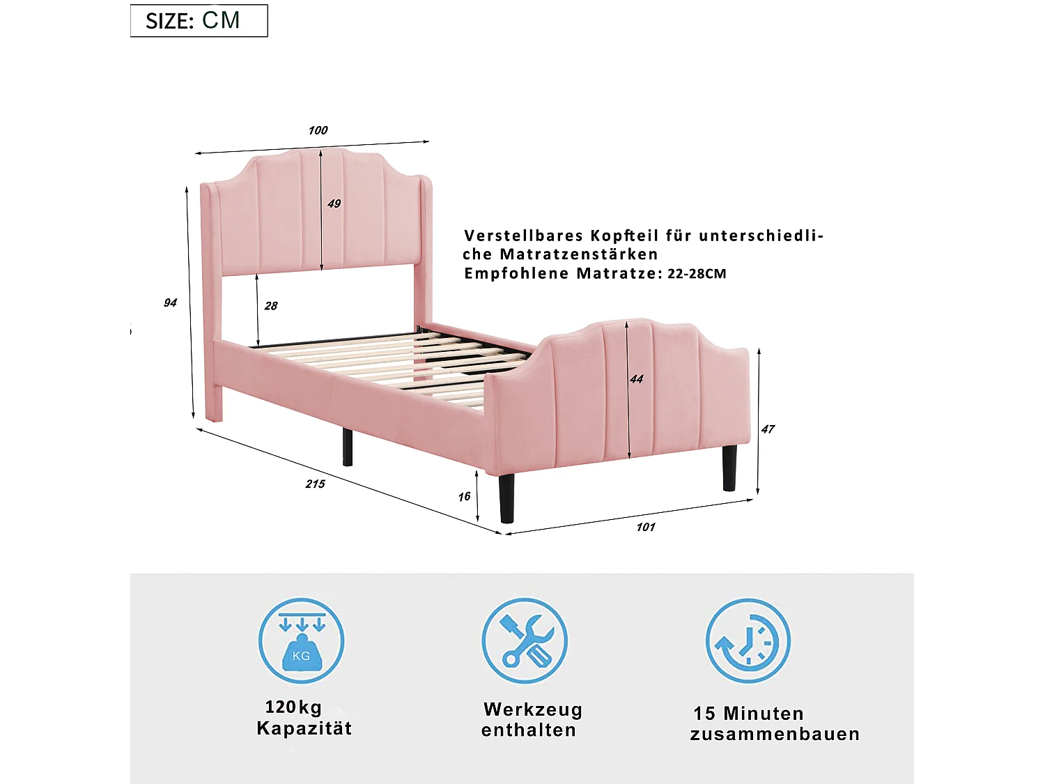 Lit enfant 90x200 cm rose en velours, Sommier à lattes, sans matelas