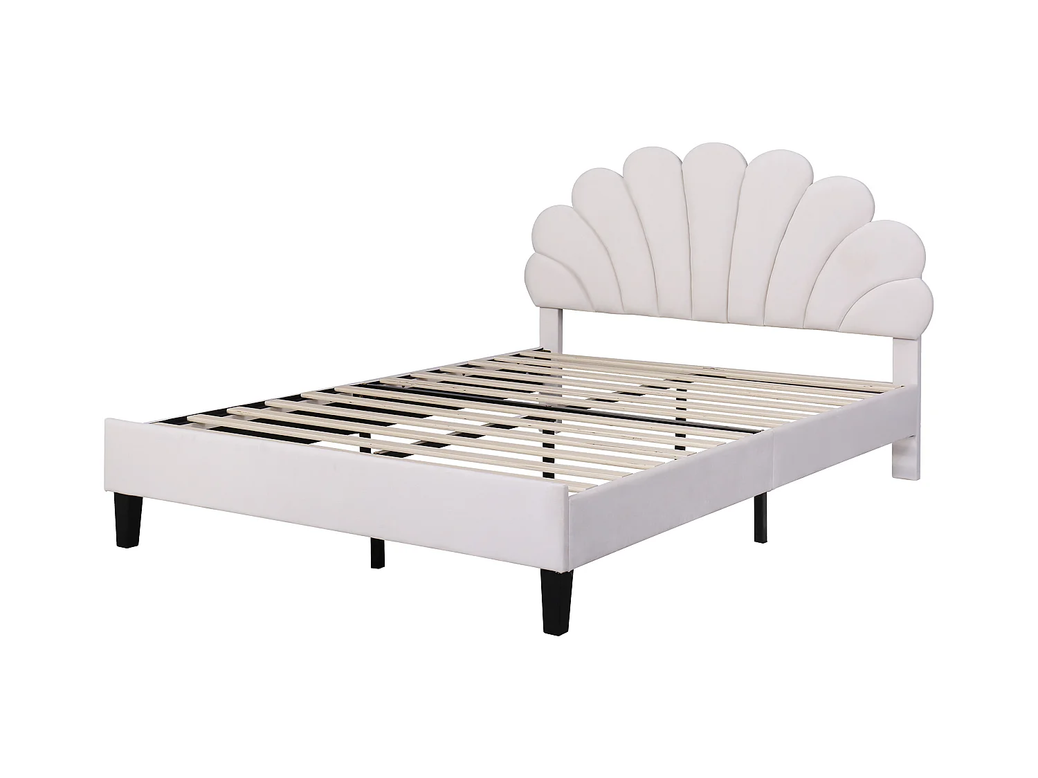 Lit double 140x200 cm - Lit adulte avec tête de lit en forme de fleur et sommier à lattes - velours beige