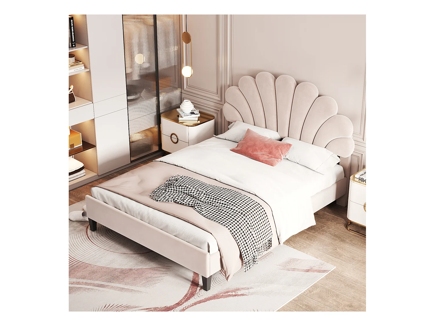 Lit double 140x200 cm - Lit adulte avec tête de lit en forme de fleur et sommier à lattes - velours beige