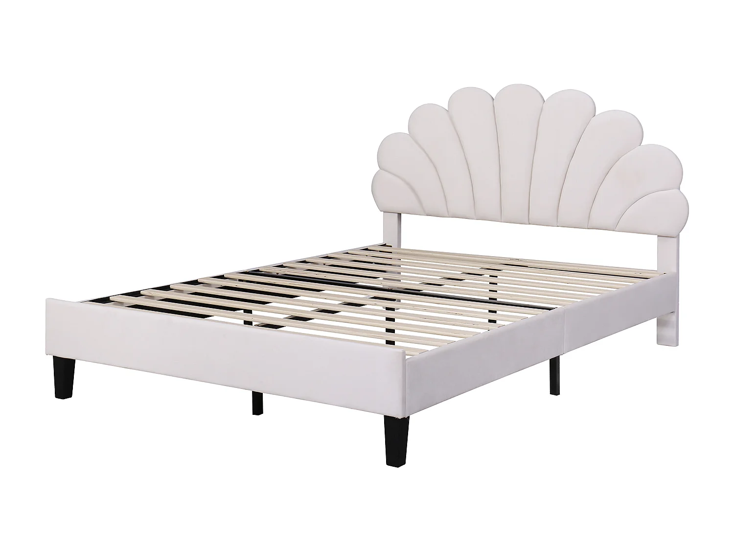 Lit double 140x200 cm - Lit adulte avec tête de lit en forme de fleur et sommier à lattes - velours beige