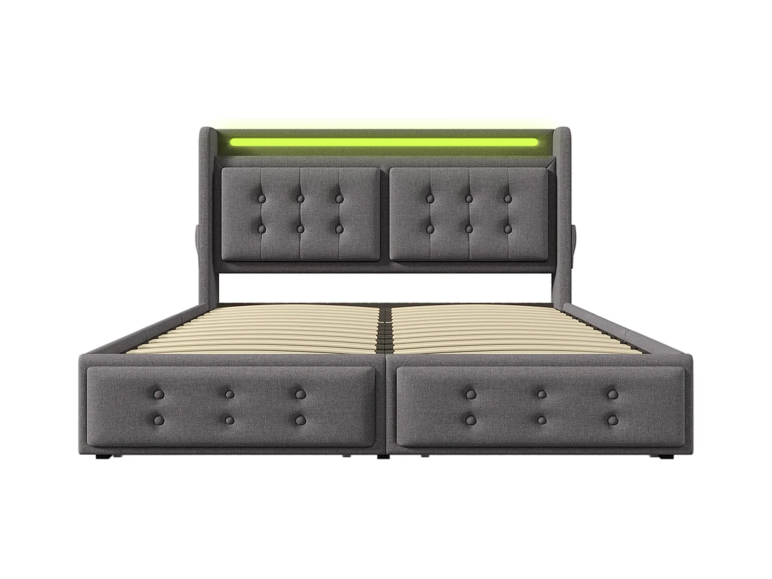 Lit adulte 160x200 cm - Lit double avec LED et chargement USB - 4 tiroirs - lin coton gris