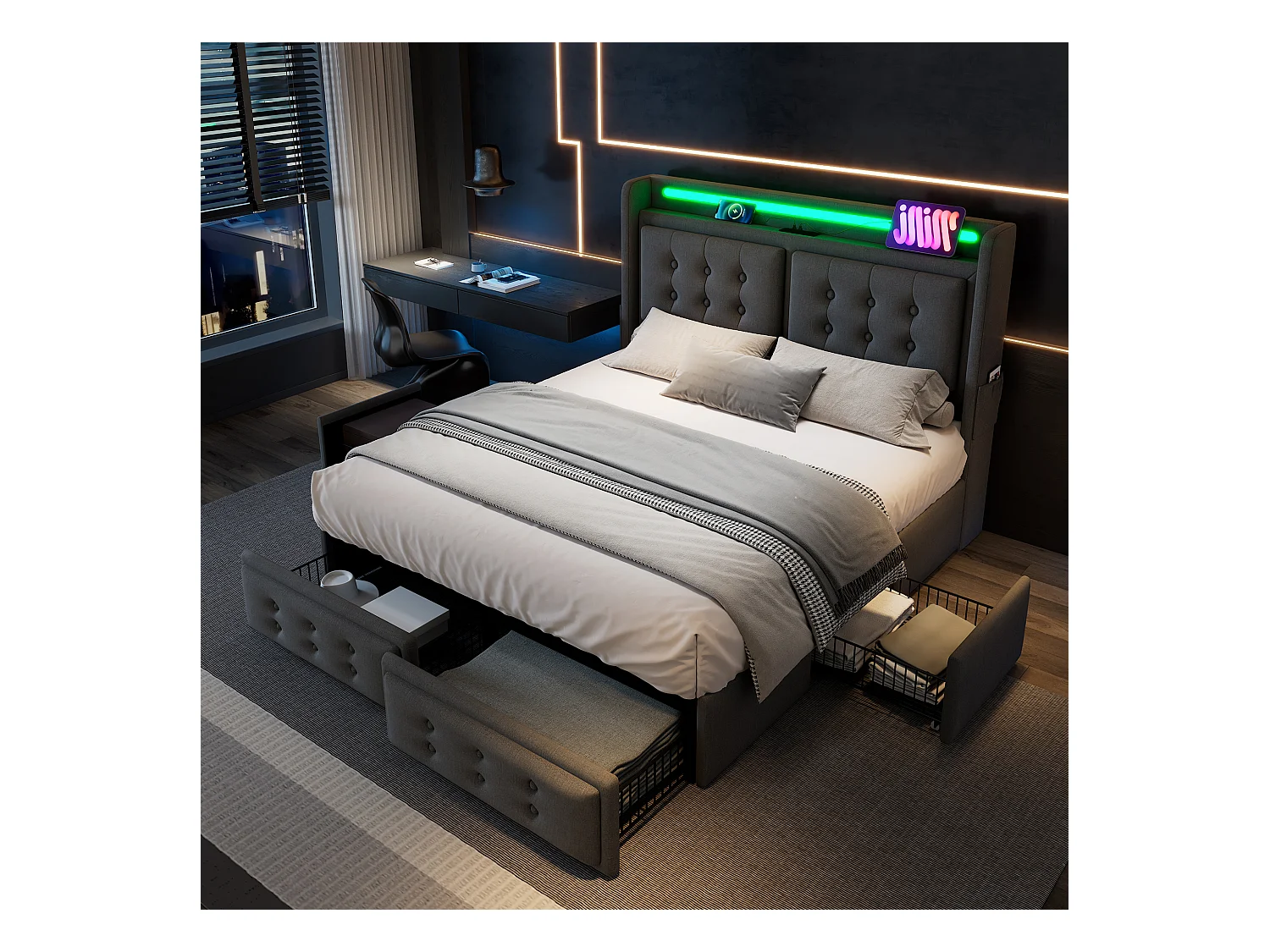 Lit adulte 160x200 cm - Lit double avec LED et chargement USB - 4 tiroirs - lin coton gris
