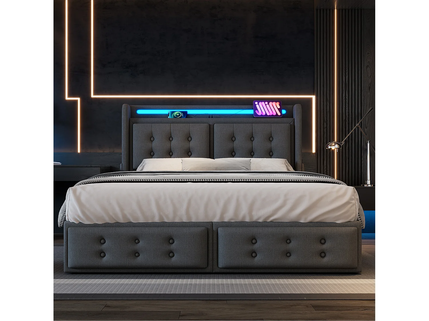 Lit adulte 160x200 cm - Lit double avec LED et chargement USB - 4 tiroirs - lin coton gris