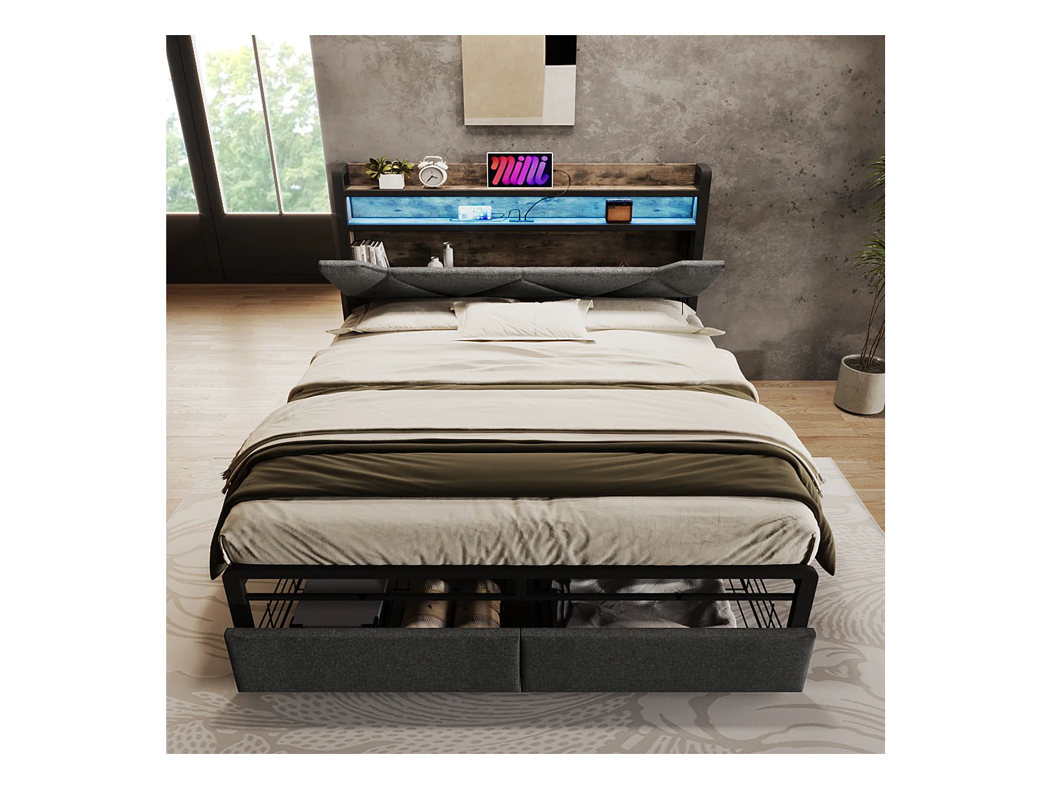 Lit double 140x200 cm - Lit adulte avec LED et recharge USB - Tiroirs de rangement - lin gris