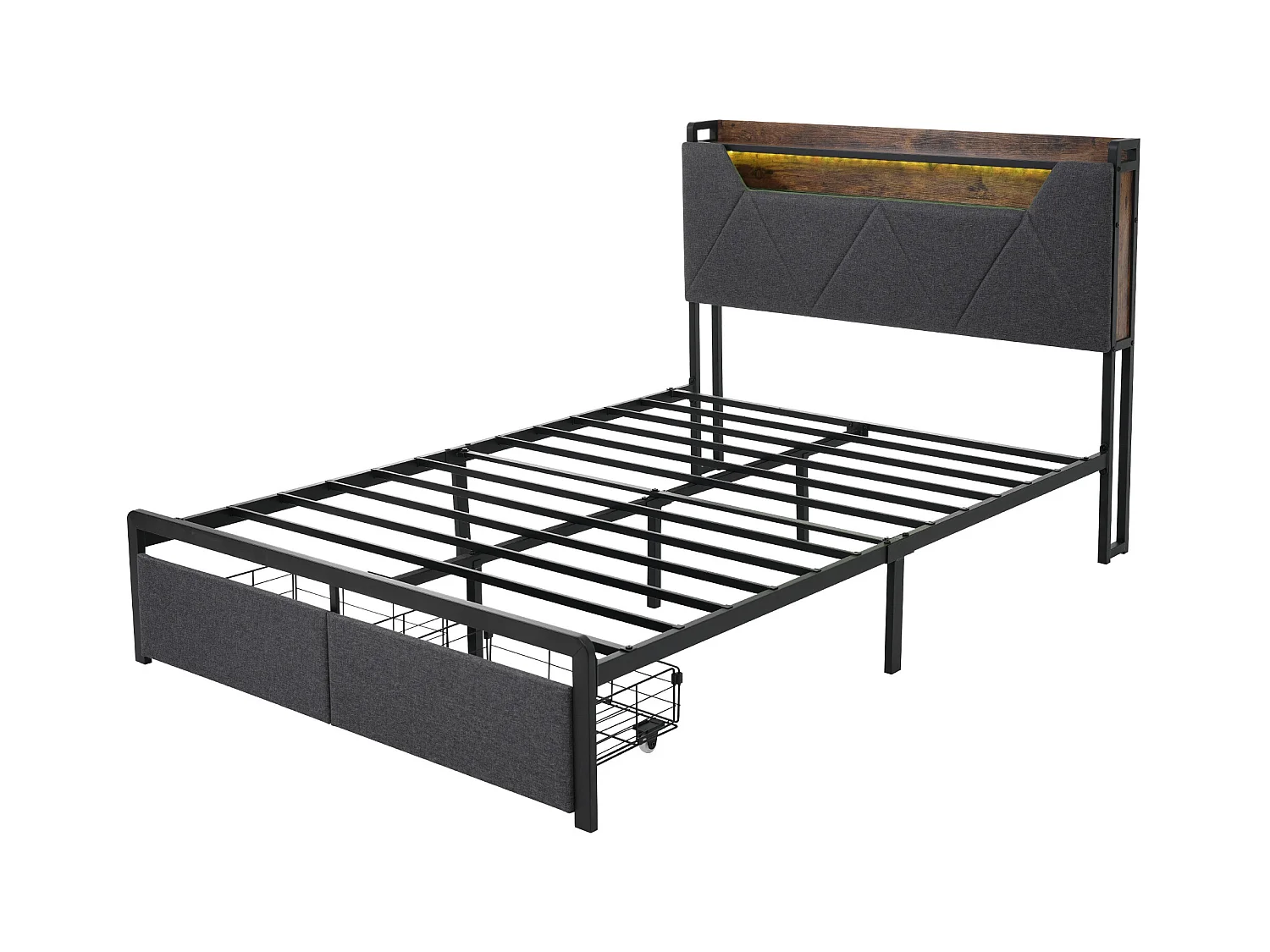 Lit double 140x200 cm - Lit adulte avec LED et recharge USB - Tiroirs de rangement - lin gris