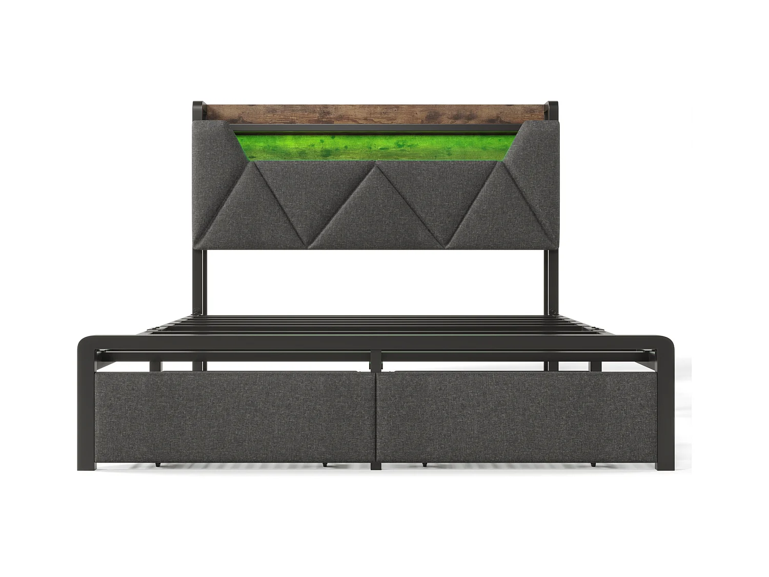 Lit double 140x200 cm - Lit adulte avec LED et recharge USB - Tiroirs de rangement - lin gris