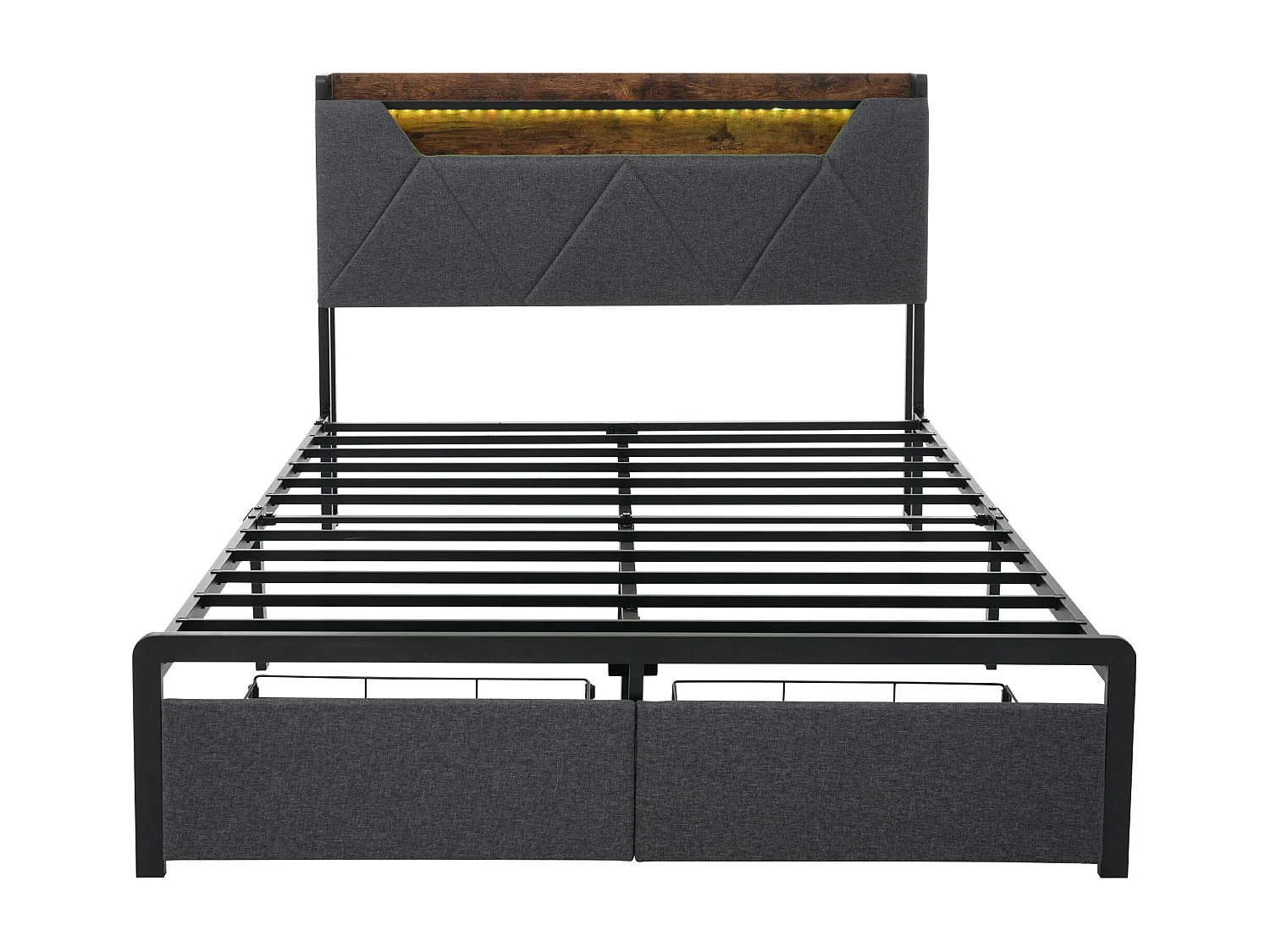 Lit double 140x200 cm - Lit adulte avec LED et recharge USB - Tiroirs de rangement - lin gris