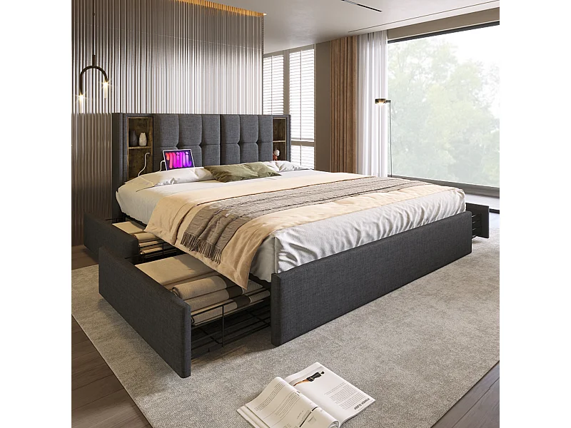 Lit adulte 160x200 cm - Lit double avec USB et recharge sans fil - 4 tiroirs - lin gris