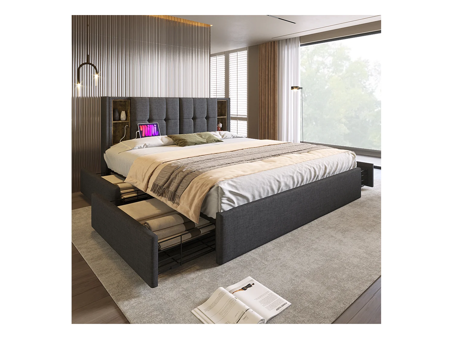 Lit adulte 160x200 cm - Lit double avec USB et recharge sans fil - 4 tiroirs - lin gris