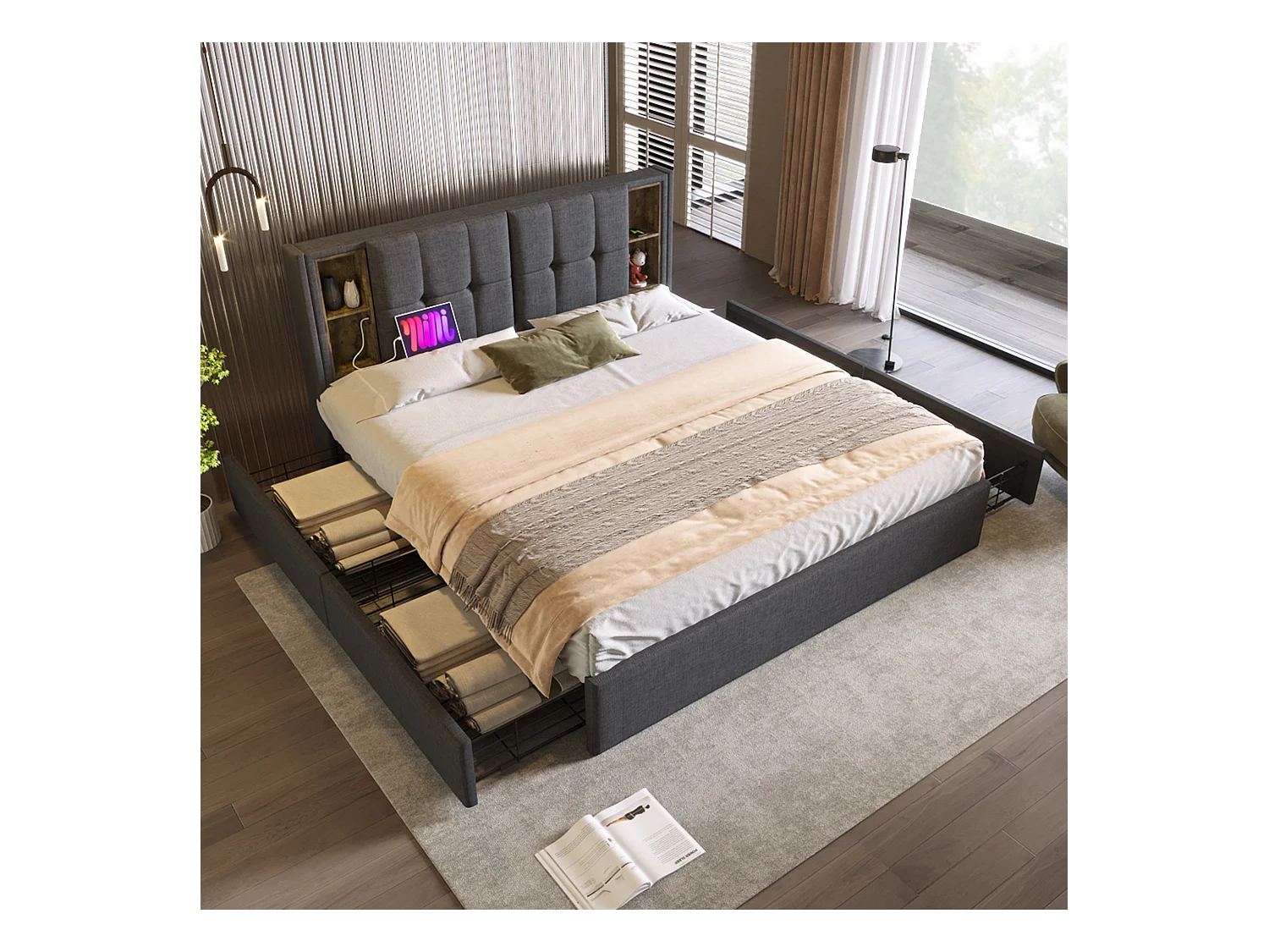 Lit adulte 160x200 cm - Lit double avec USB et recharge sans fil - 4 tiroirs - lin gris