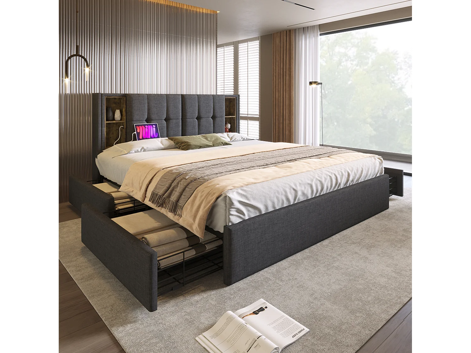 Volwassen bed 160x200 cm - Tweepersoonsbed met USB en draadloos opladen - 4 lades - grijs linnen