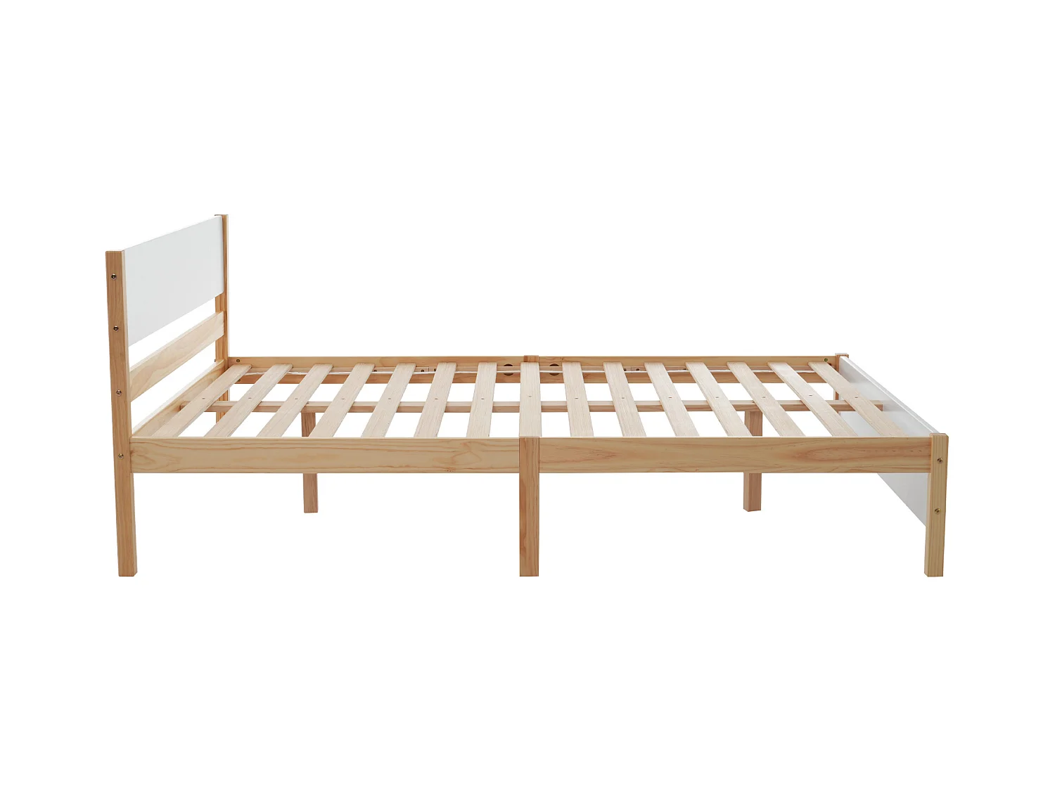 Lit adulte 140x200 cm, cadre en bois de pin + MDF, blanc + naturel, sans matelas