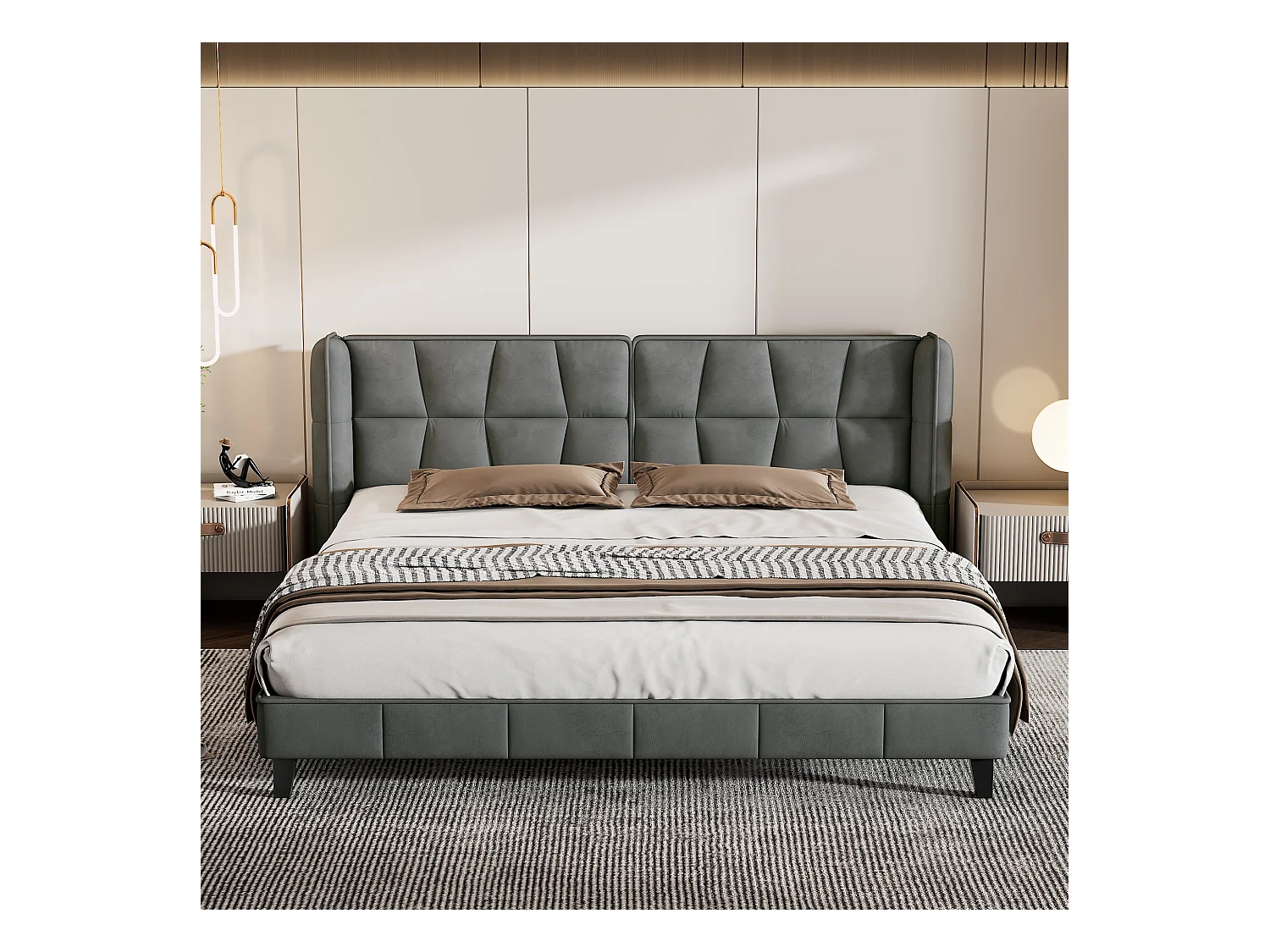 Lit adulte 180x200 cm - Lit double avec sommier à lattes en bois et tête de lit tapissée - velours gris