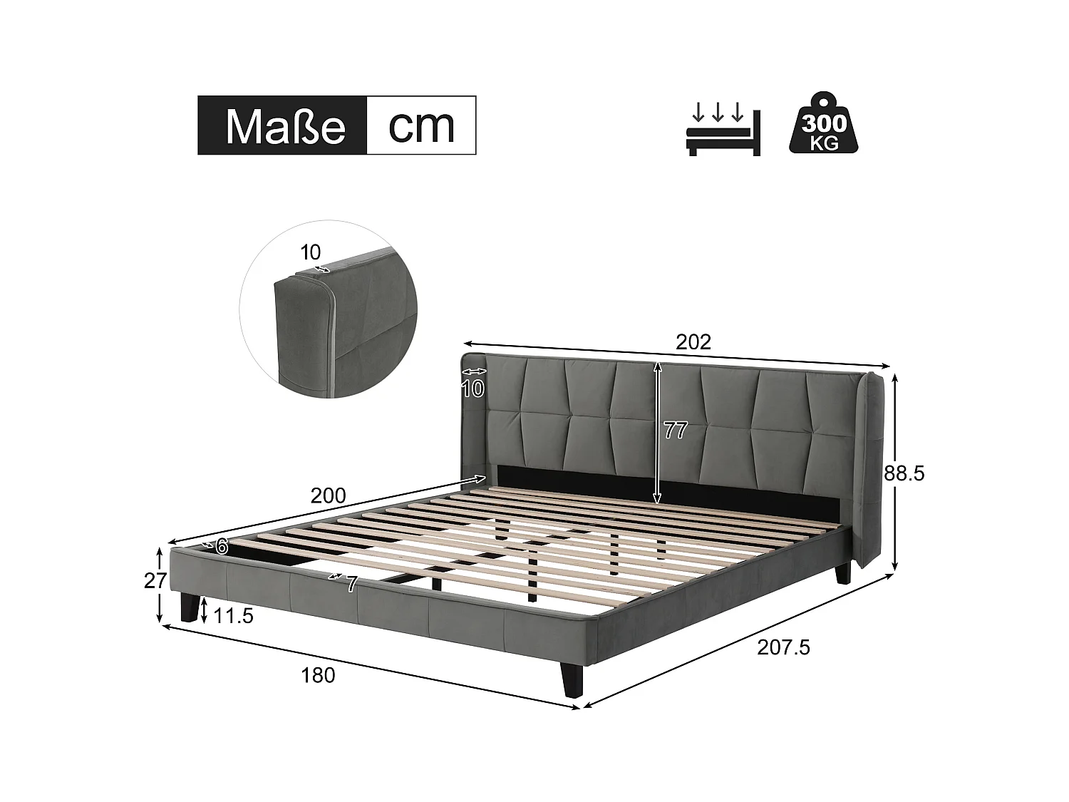Lit adulte 180x200 cm - Lit double avec sommier à lattes en bois et tête de lit tapissée - velours gris
