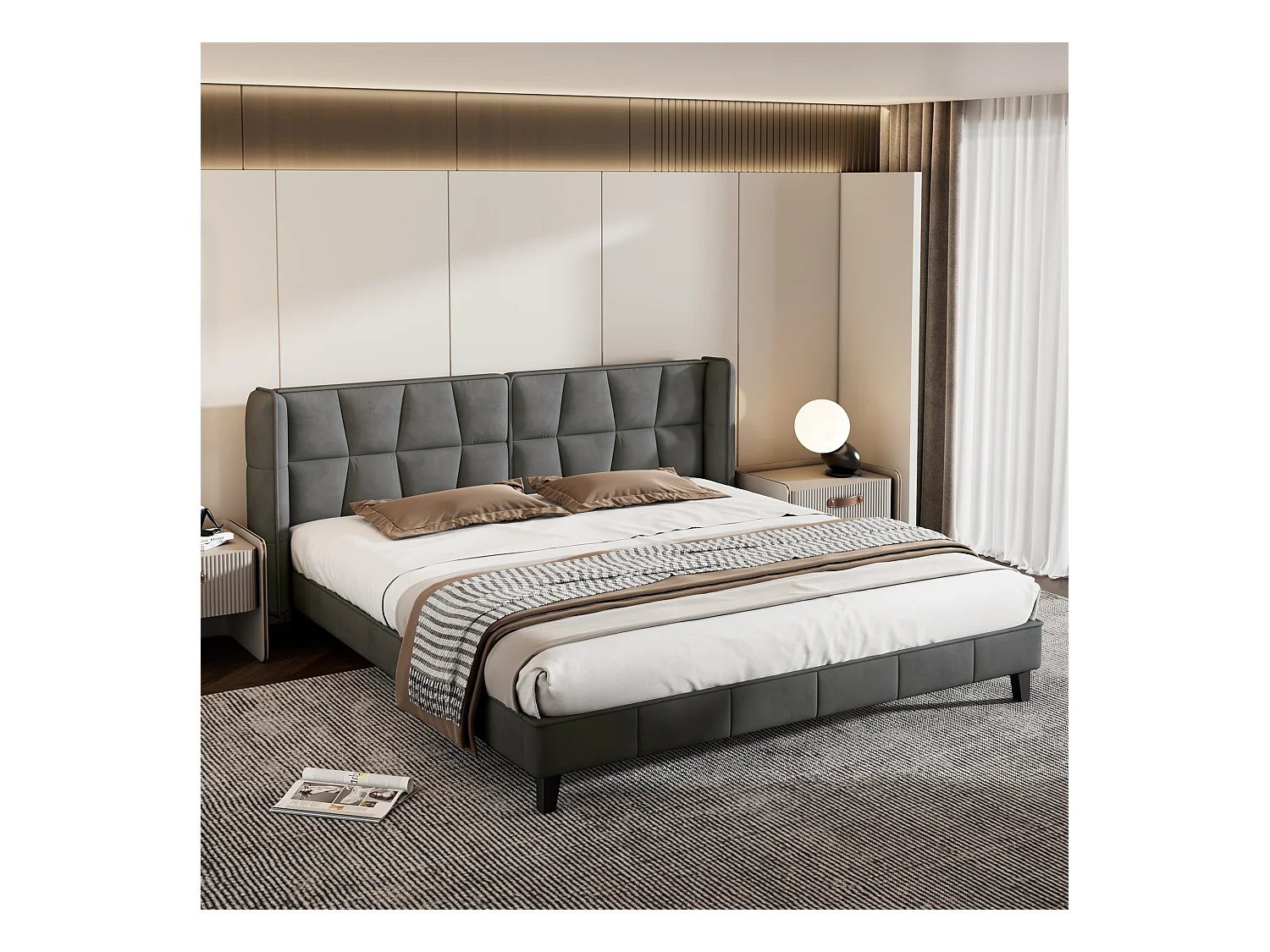 Cama tapizada 180x200 cm - Cama de matrimonio con somier de láminas de madera y cabecero tapizado - terciopelo gris