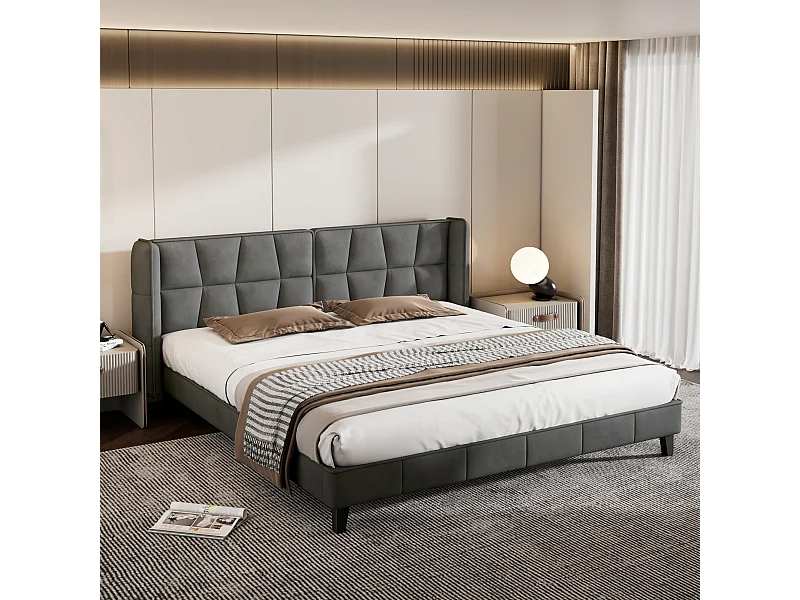Cama tapizada 180x200 cm - Cama de matrimonio con somier de láminas de madera y cabecero tapizado - terciopelo gris