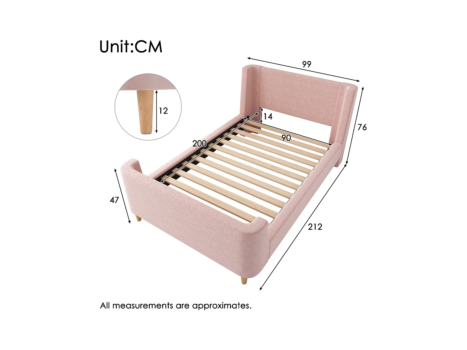 Lit enfant 90x200 cm - Lit simple lit avec sommier à lattes en bois - Imprimé dessin animé - velours rose