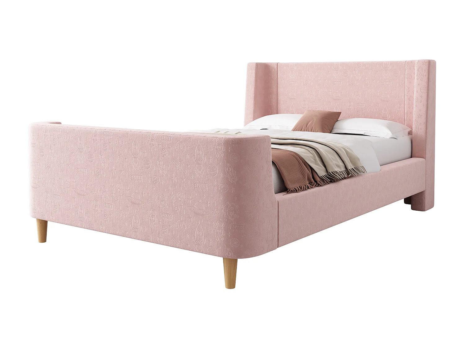 Lit enfant 90x200 cm - Lit simple lit avec sommier à lattes en bois - Imprimé dessin animé - velours rose