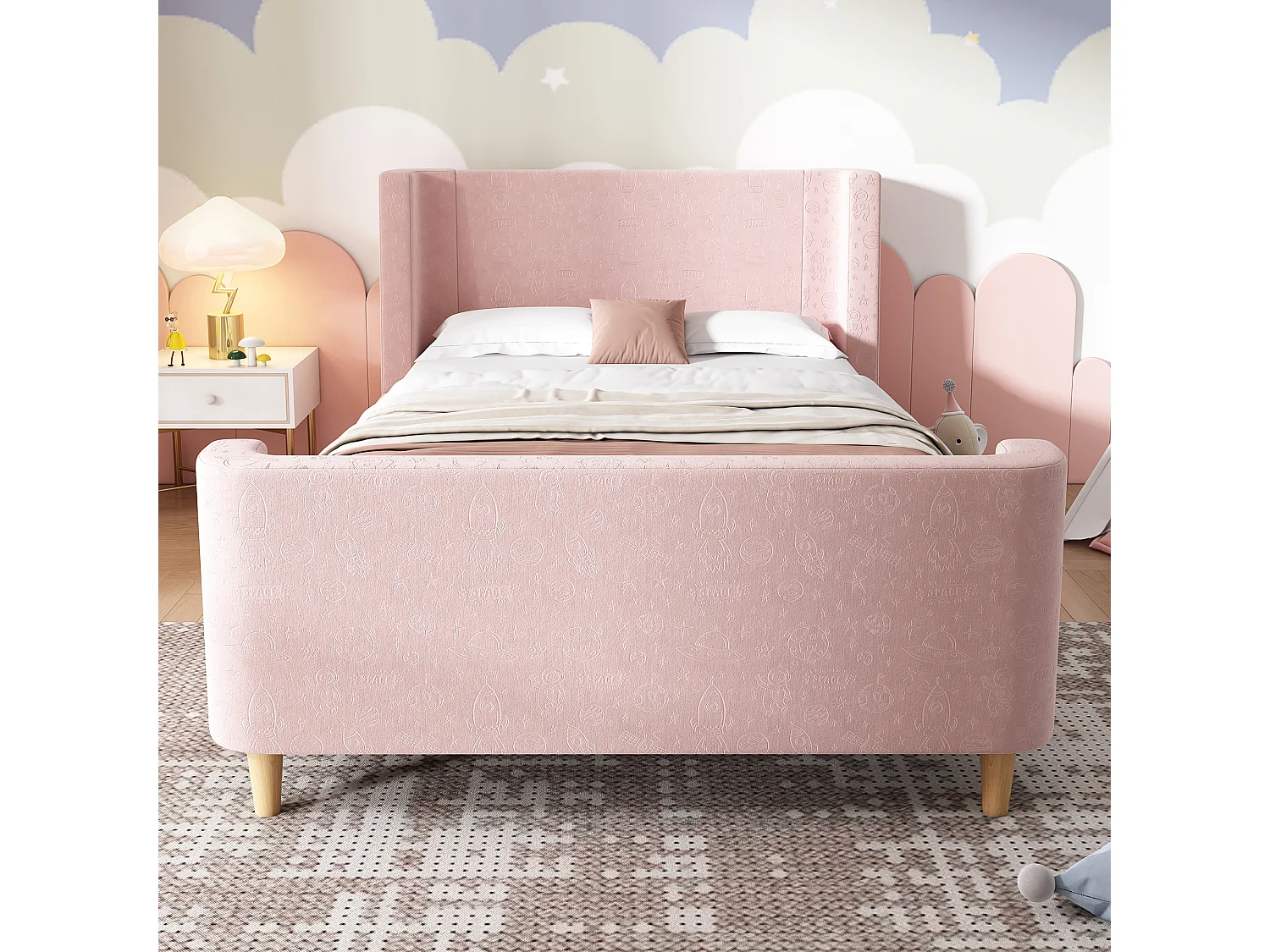 Lit enfant 90x200 cm - Lit simple lit avec sommier à lattes en bois - Imprimé dessin animé - velours rose