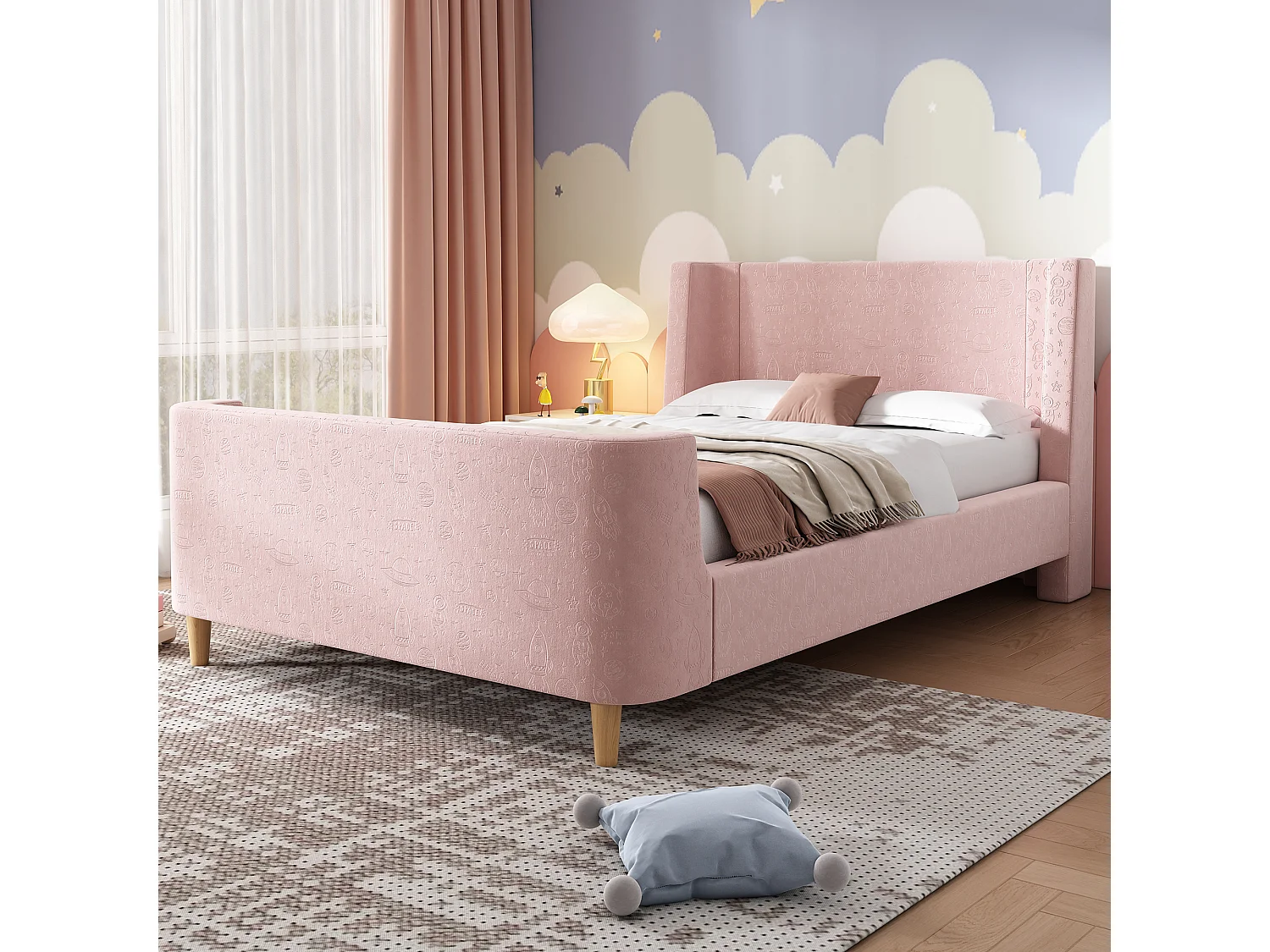 Lit enfant 90x200 cm - Lit simple lit avec sommier à lattes en bois - Imprimé dessin animé - velours rose