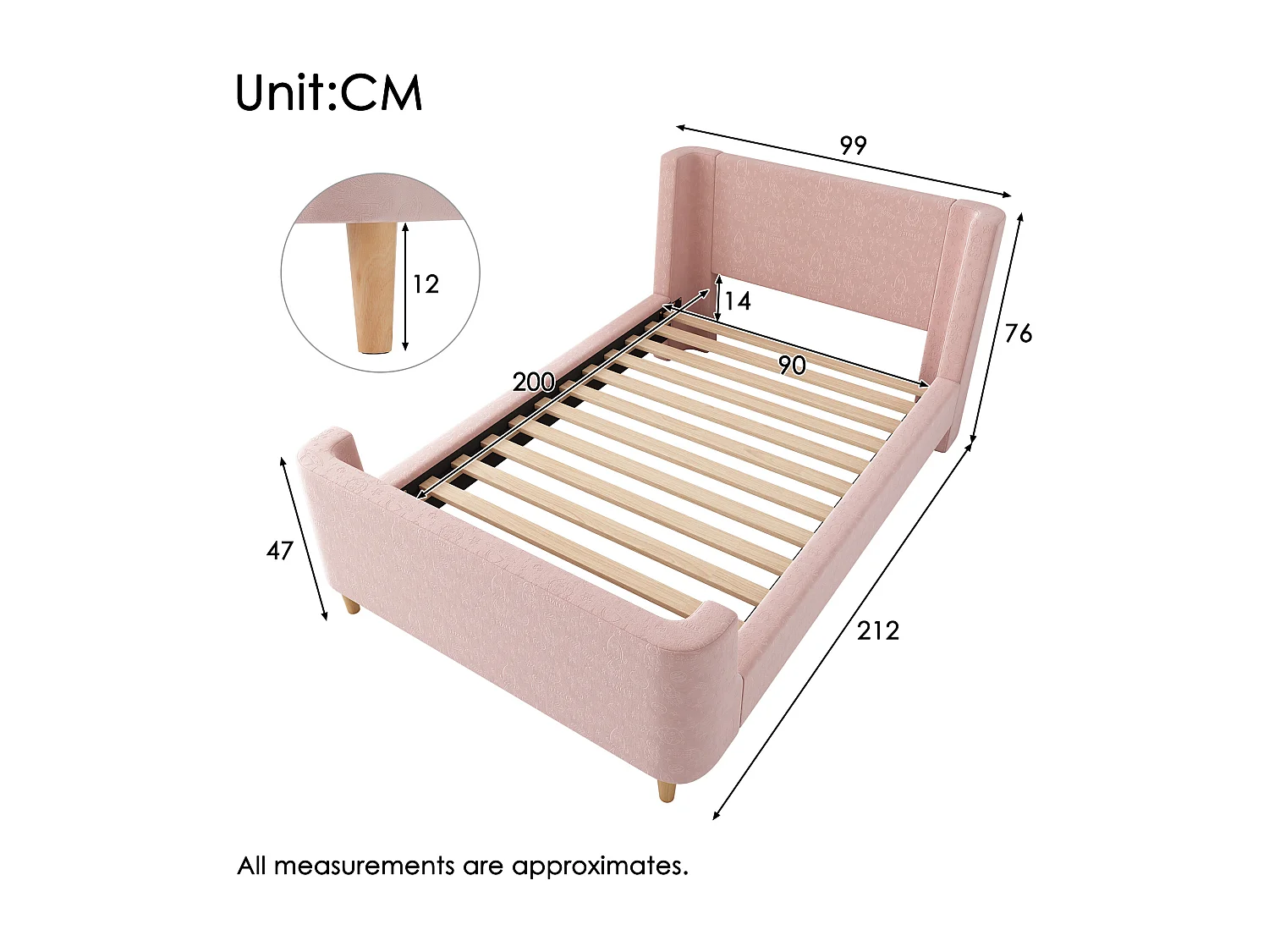 Lit enfant 90x200 cm - Lit simple lit avec sommier à lattes en bois - Imprimé dessin animé - velours rose