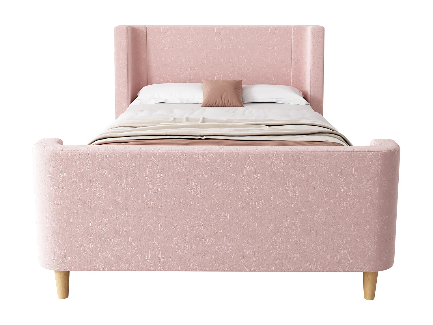 Lit enfant 90x200 cm - Lit simple lit avec sommier à lattes en bois - Imprimé dessin animé - velours rose