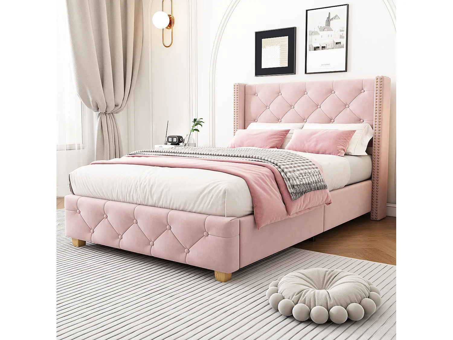 Lit simple 90x200cm rose en velour, lit adulte rembourré, sans matelas