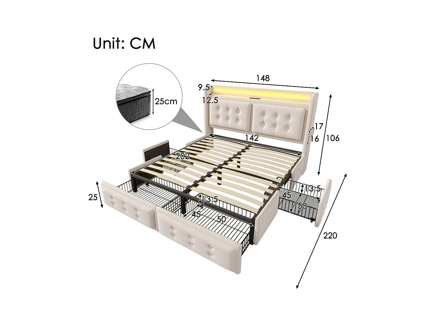 Lit 140x200cm beige avec 4 tiroirs, lit adulte double rembourré, LED + USB C, sans matelas, coton lin