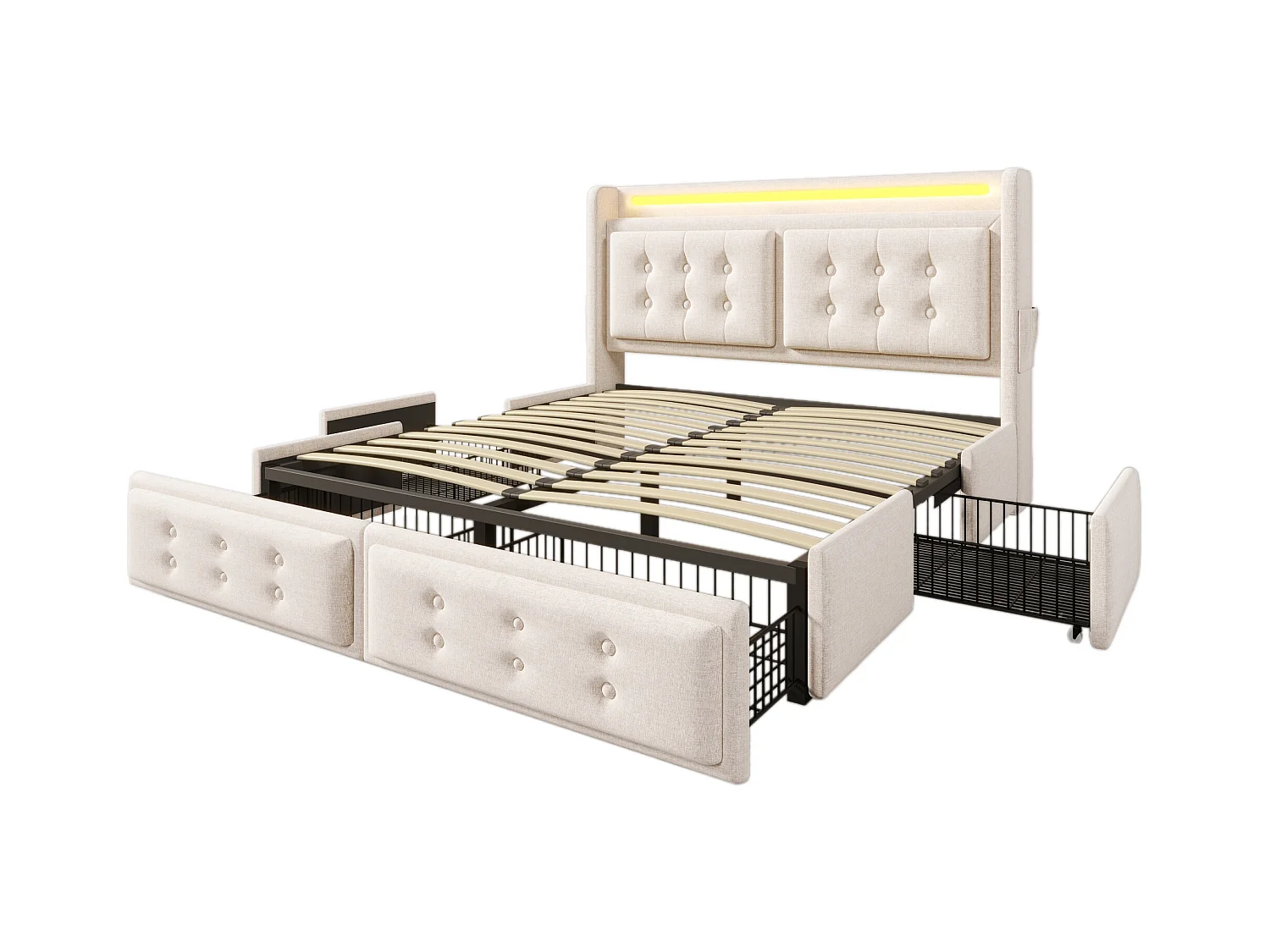 Lit 140x200cm beige avec 4 tiroirs, lit adulte double rembourré, LED + USB C, sans matelas, coton lin