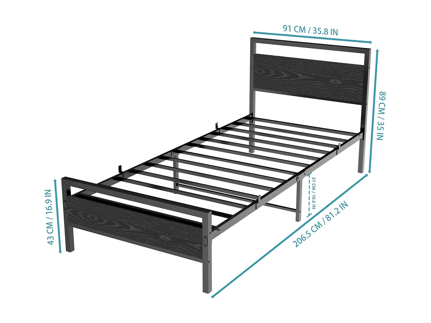 Lit enfant en métal 90x200 cm noir - Lit simple - sans matelas