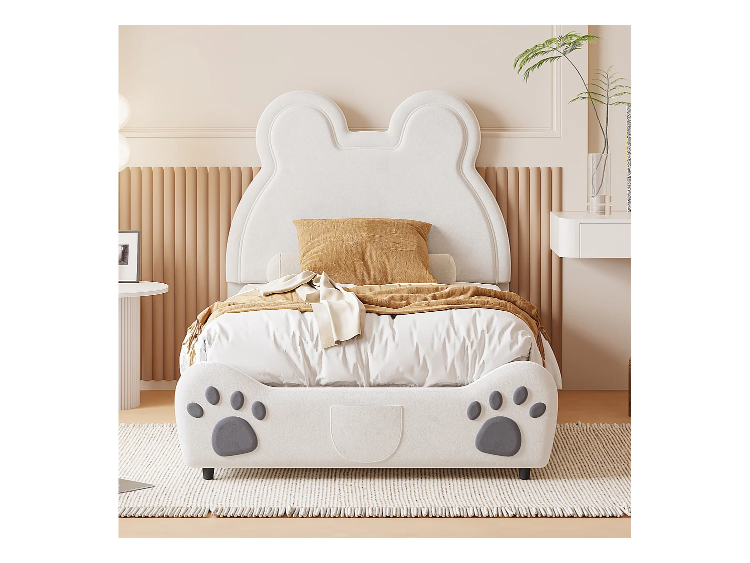 Lit enfant 90x200 cm - Lit simple avec sommier à lattes - Velours blanc - Tête de lit capitonnée