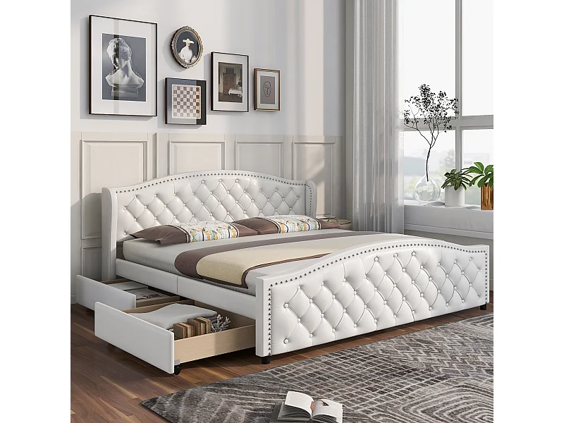 Letto imbottito 180x200 cm - letto matrimoniale con 2 cassetti contenitore - rete a doghe in legno - PU bianco