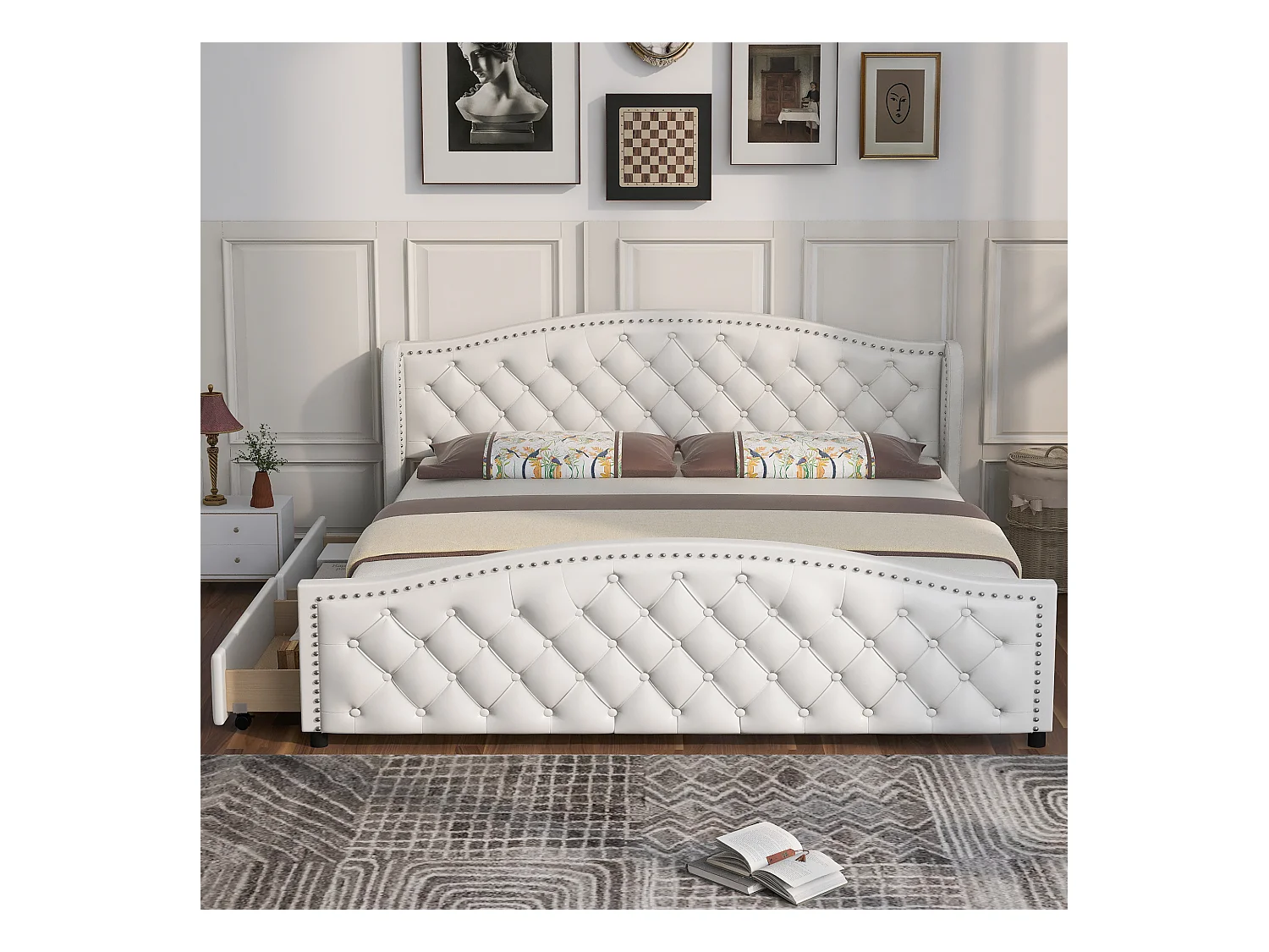 Lit adulte 180x200 cm - Lit double avec 2 tiroirs de rangement - sommier à lattes en bois - PU blanc