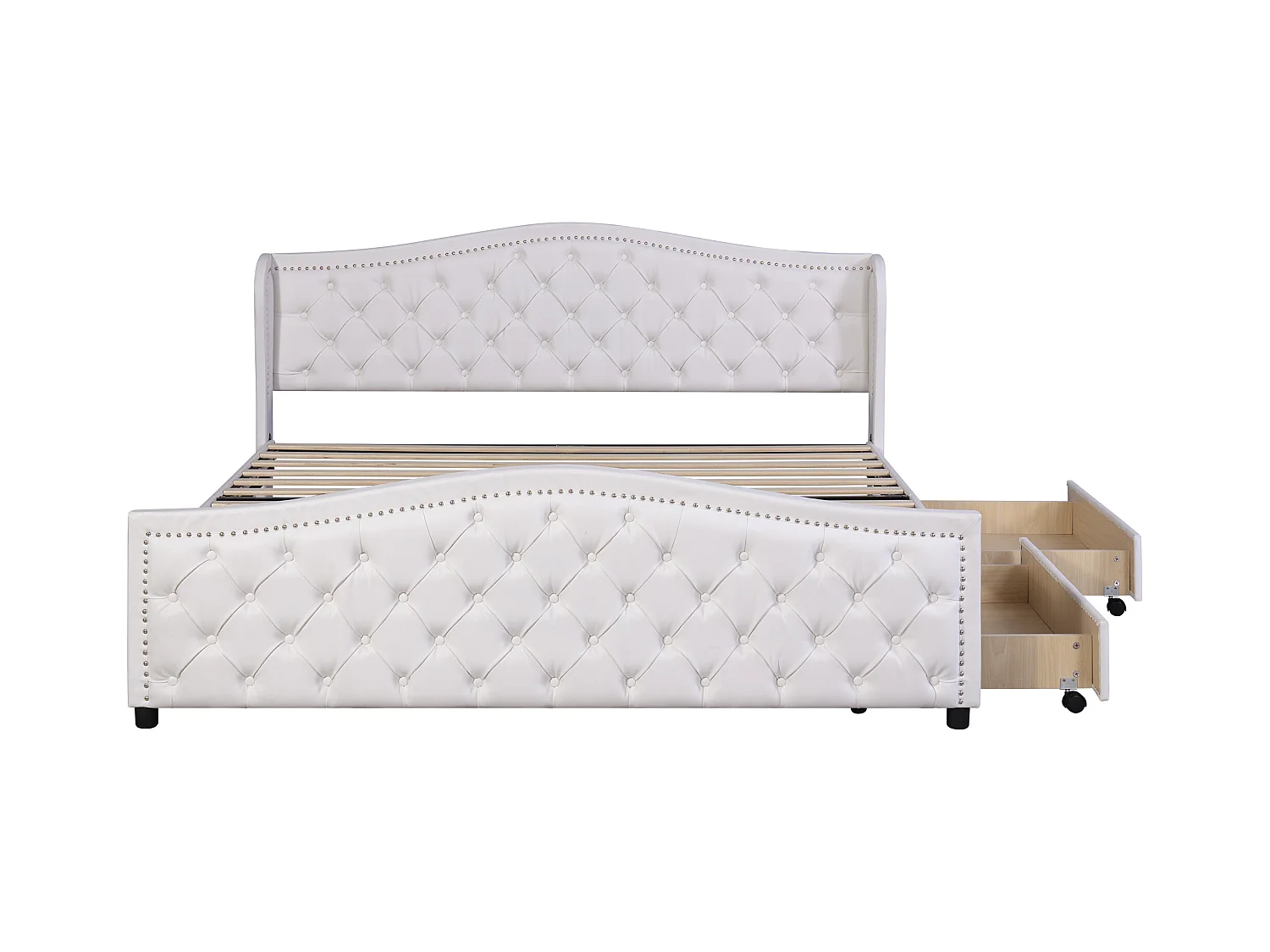 Lit adulte 180x200 cm - Lit double avec 2 tiroirs de rangement - sommier à lattes en bois - PU blanc