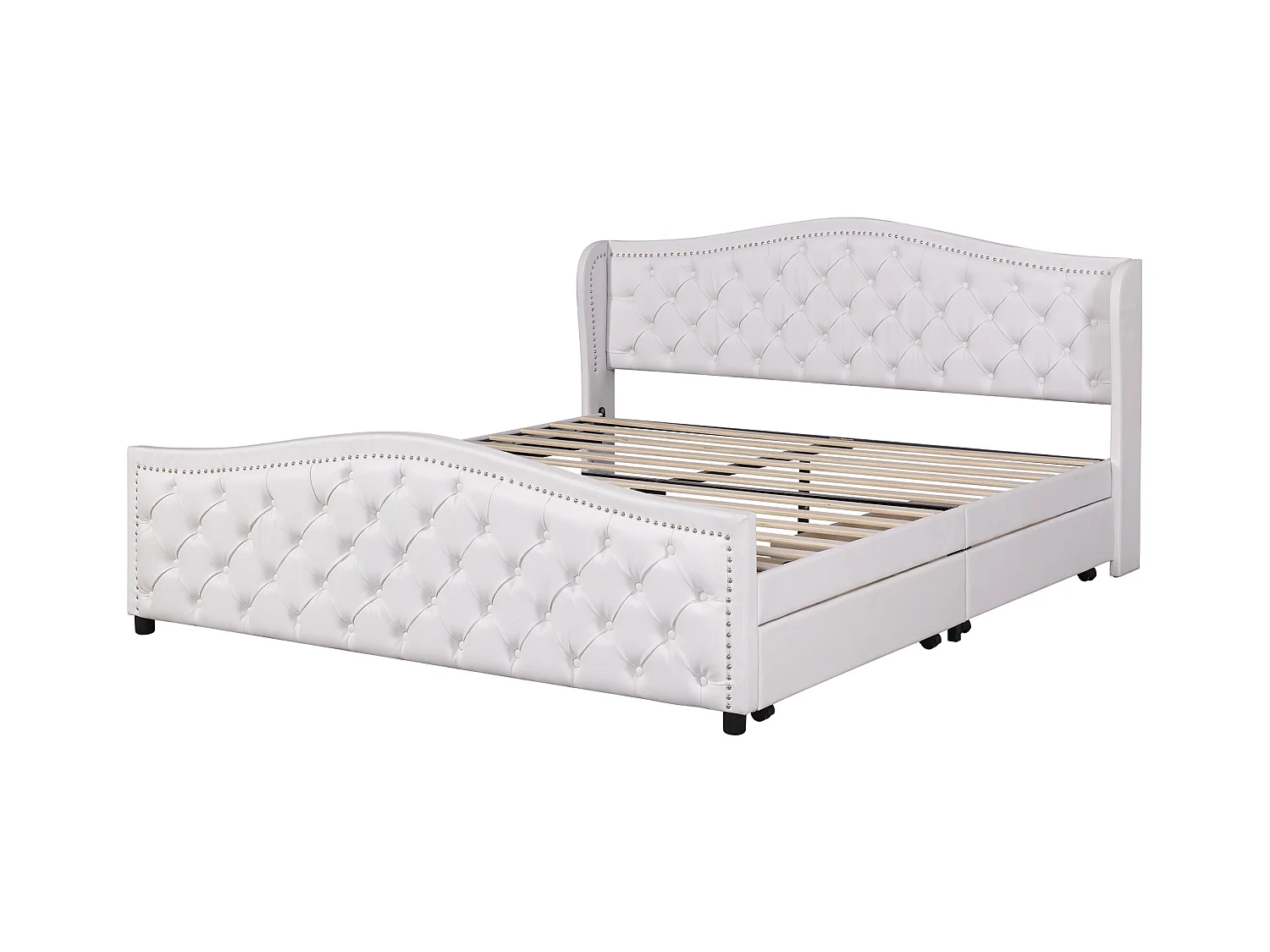 Lit adulte 180x200 cm - Lit double avec 2 tiroirs de rangement - sommier à lattes en bois - PU blanc