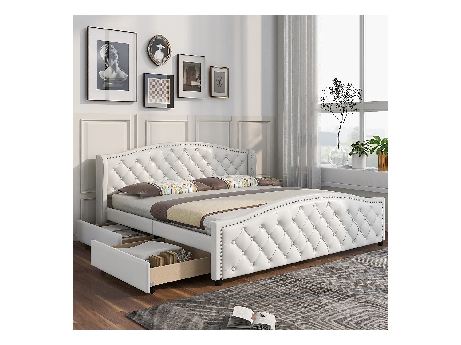 Letto imbottito 180x200 cm - letto matrimoniale con 2 cassetti contenitore - rete a doghe in legno - PU bianco
