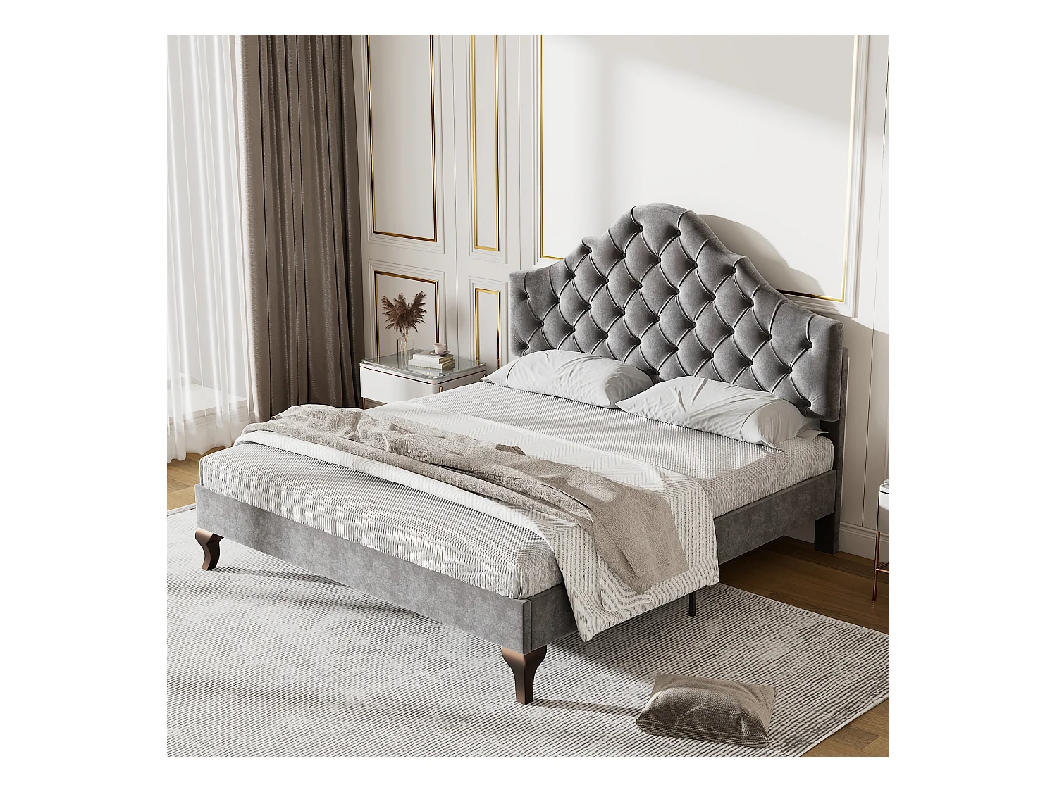 Lit double 140x200 cm - Lit adulte avec tête de lit réglable et sommier à lattes - velours gris