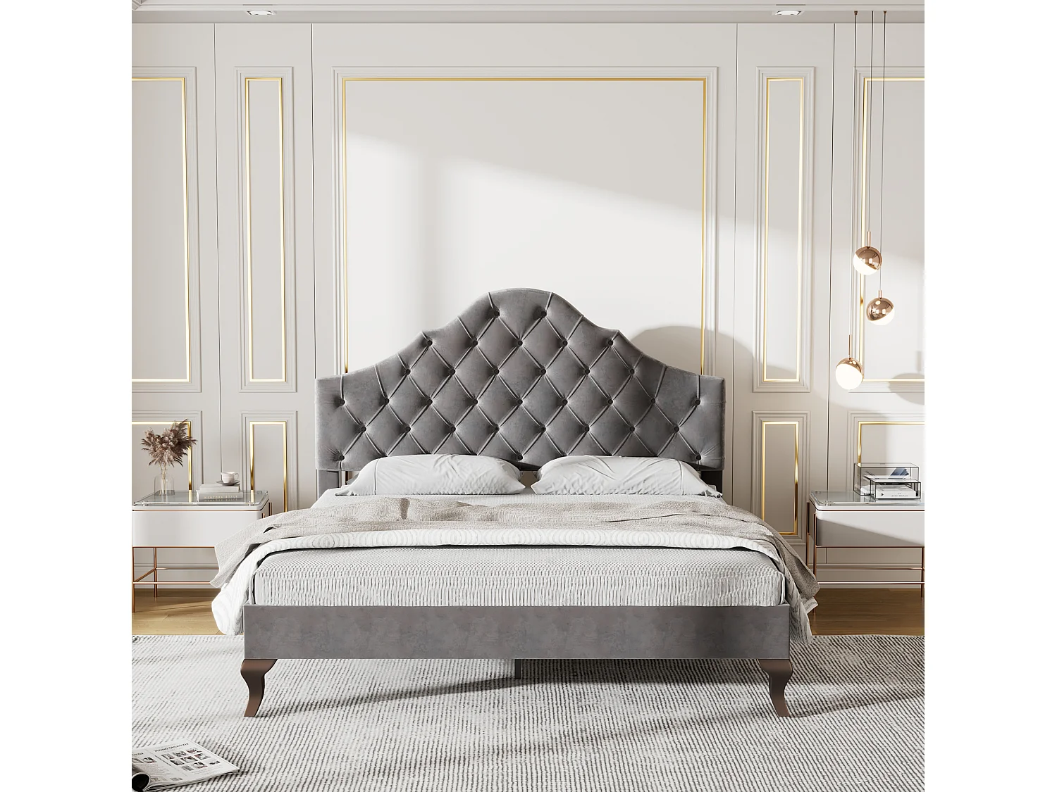 Lit double 140x200 cm - Lit adulte avec tête de lit réglable et sommier à lattes - velours gris