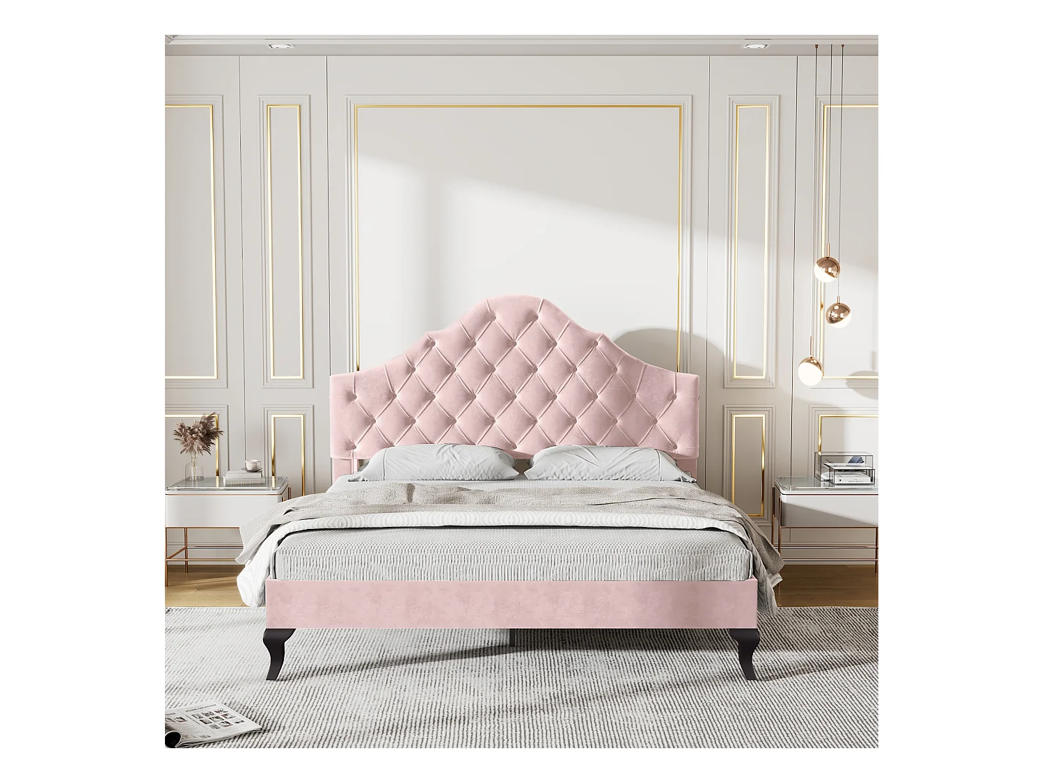 Lit adulte 140x200 cm - Lit double avec tête de lit réglable et sommier à lattes - velours rose