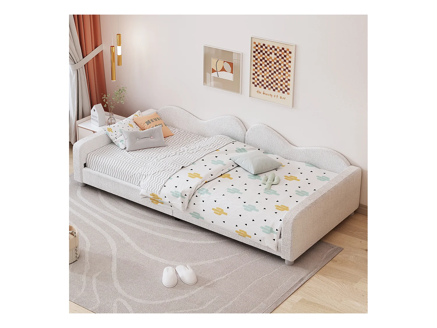 Lit enfant 90x200 cm - canapé-lit avec accoudoirs et dossier - sommier à lattes en bois - peluche blanc