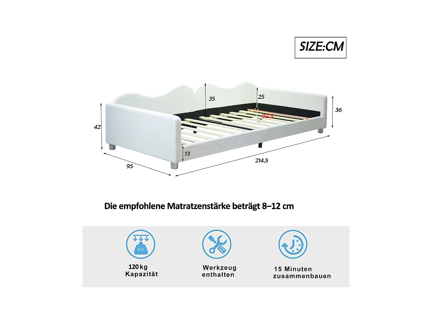 Lit enfant 90x200 cm - canapé-lit avec accoudoirs et dossier - sommier à lattes en bois - peluche blanc