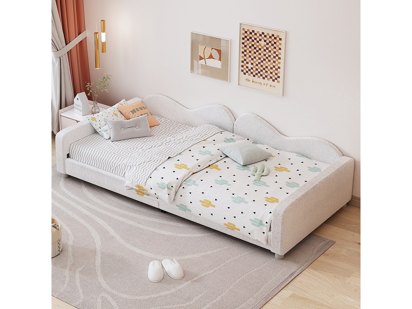 Lit Enfant 90x200 Avec Rangement Hydraulique - Lit Simple Rembourré Velours Beige Motif Chat, Sans Matelas